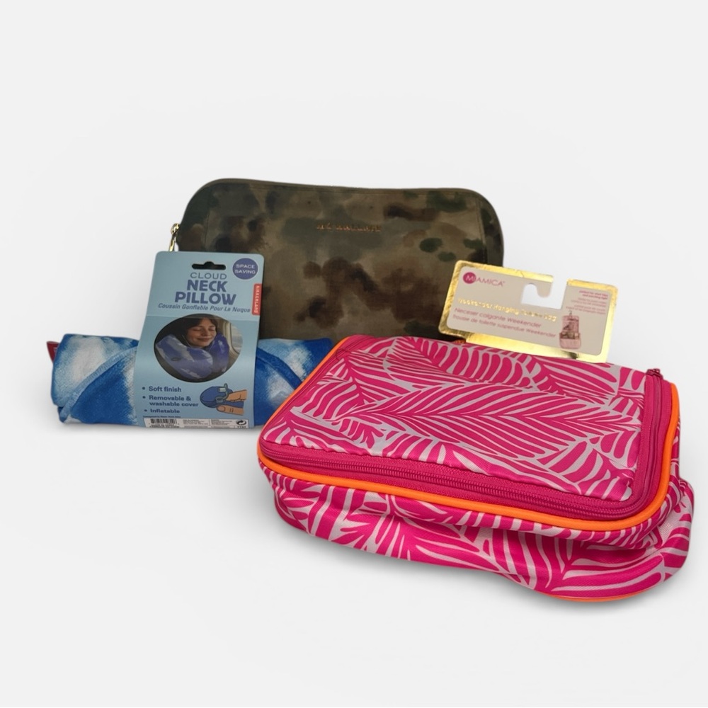 MZ Wallace Travel Cosmetic Bag + Bonus Miamica Hang Toiletry & Kikkerland Pillow